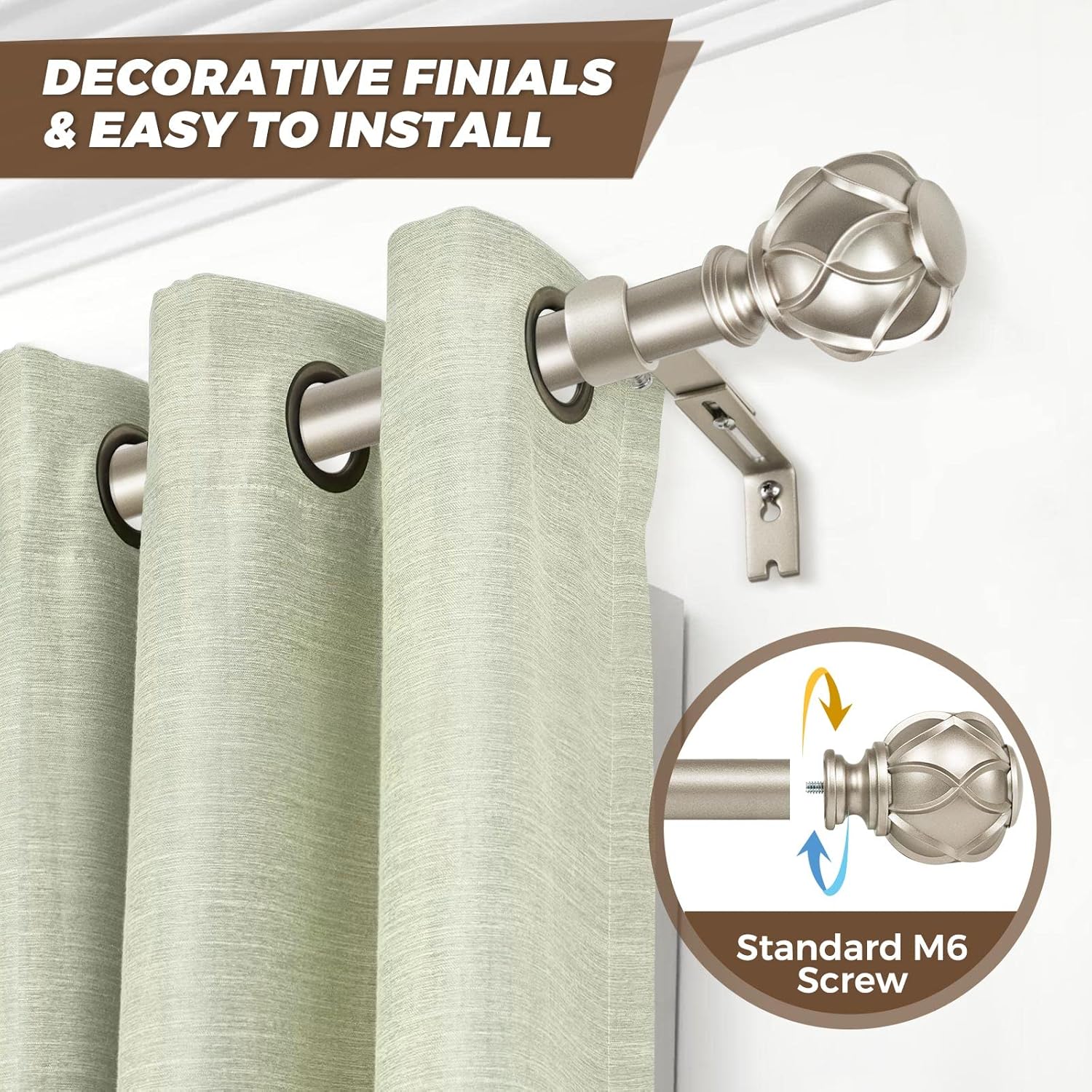 KAMANINA 1 Inch Curtain Rod Telescoping Single Drapery Rod 72 to 144 Inches (6-12 Feet), Champagne Gold Curtain Rods for Windows 69 to 140 Inches, Netted Texture Finials