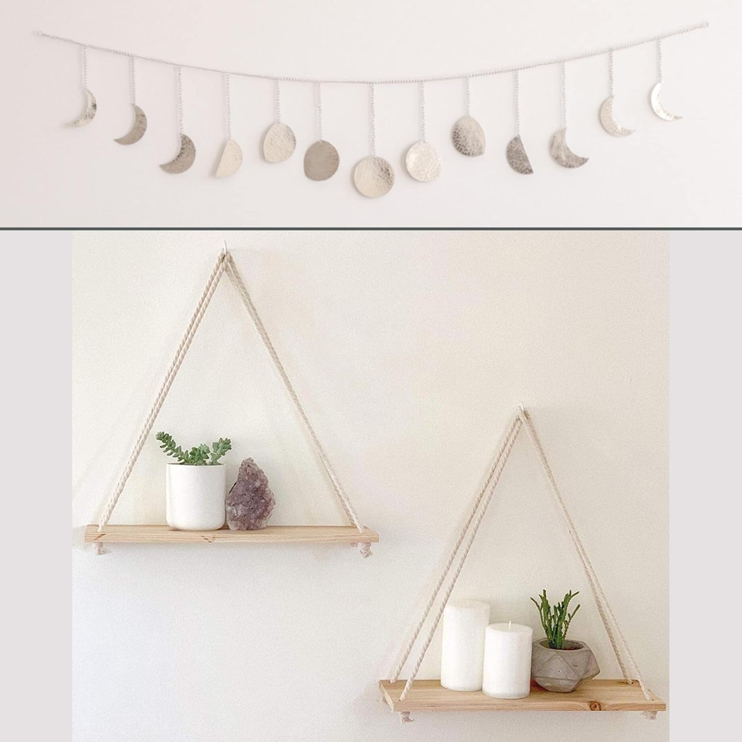 BASE ROOTS Hanging Shelves for Wall [Set of 2 w/Hooks] Wooden Shelf Macrame Rope, Natural Light Reclaimed Wood, Moon Phase Wall Hanging, Handmade Hammered Silver Metal 13 Moons 36
