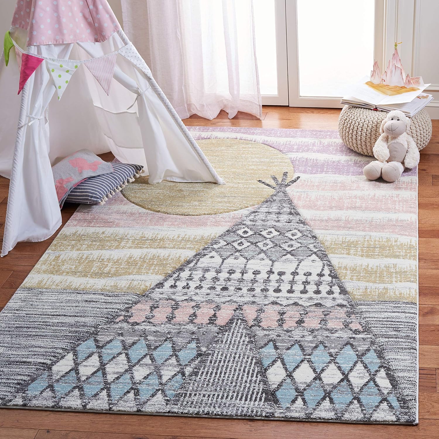 SAFAVIEH Carousel Kids Collection Area Rug - 8' x 10', Grey & Pink, Distressed Design, Non-Shedding & Easy Care, Ideal for High Traffic Areas for Boys & Girls in Playroom, Nursery, Bedroom (CRK117F)