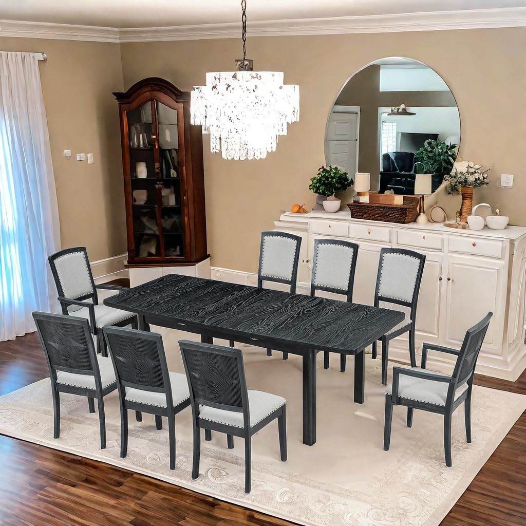9 PCS Extendable Dining Table Set, Black+ Gray