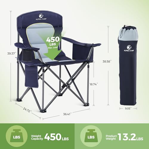 LET'S CAMP Oversized Folding Camping Chair Portable Outdoor Heavy Duty Padded Chairs lawn chair with Cup Holder, Storage Pocket and Cooler Bag, Supports 450LBS, for Camp, Travel, Picnic (Green)