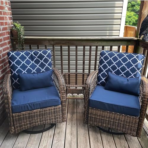 ENSTVER 3 PCS Outdoor Swivel Rocker Rattan Chairs,360 Degree Patio Bistro Set with Thickened Cushions&Coffee Table, Porch Wicker Furniture Set for Backyard, Balcony