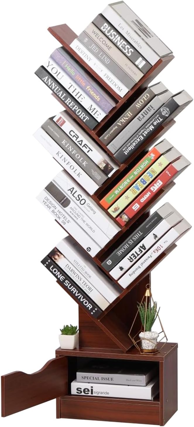 9 Shelf Tree Bookshelf, Bookshelf with Wooden Drawer, Modern Book Storage, Free Standing Tree Bookcase, Utility Organizer Shelves for Home Office, Living Room, Bedroom, Rustic Brown