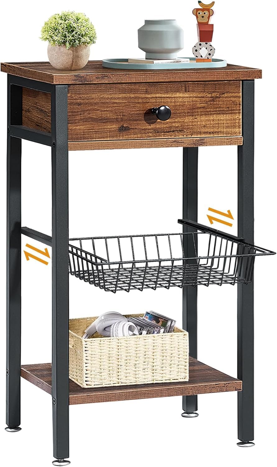 VECELO Tall End Side Table Nightstands Shelf Storage Organizer with Basket, 1 Set, Brown
