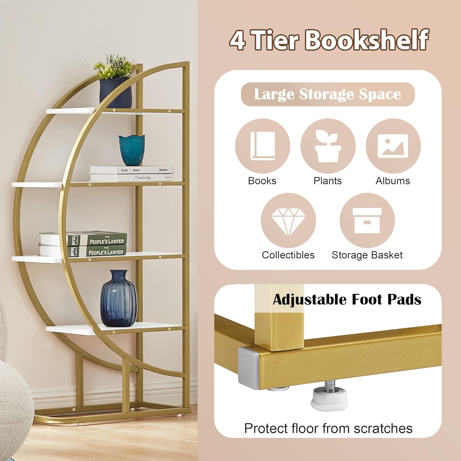 4-Tier Bookcase Home Office Open Bookshelf with Different Placement Ways,Round-Shaped Bookcases w/Anti-Falling Device,Steel Frame,Easy to Assemble,Golden+White