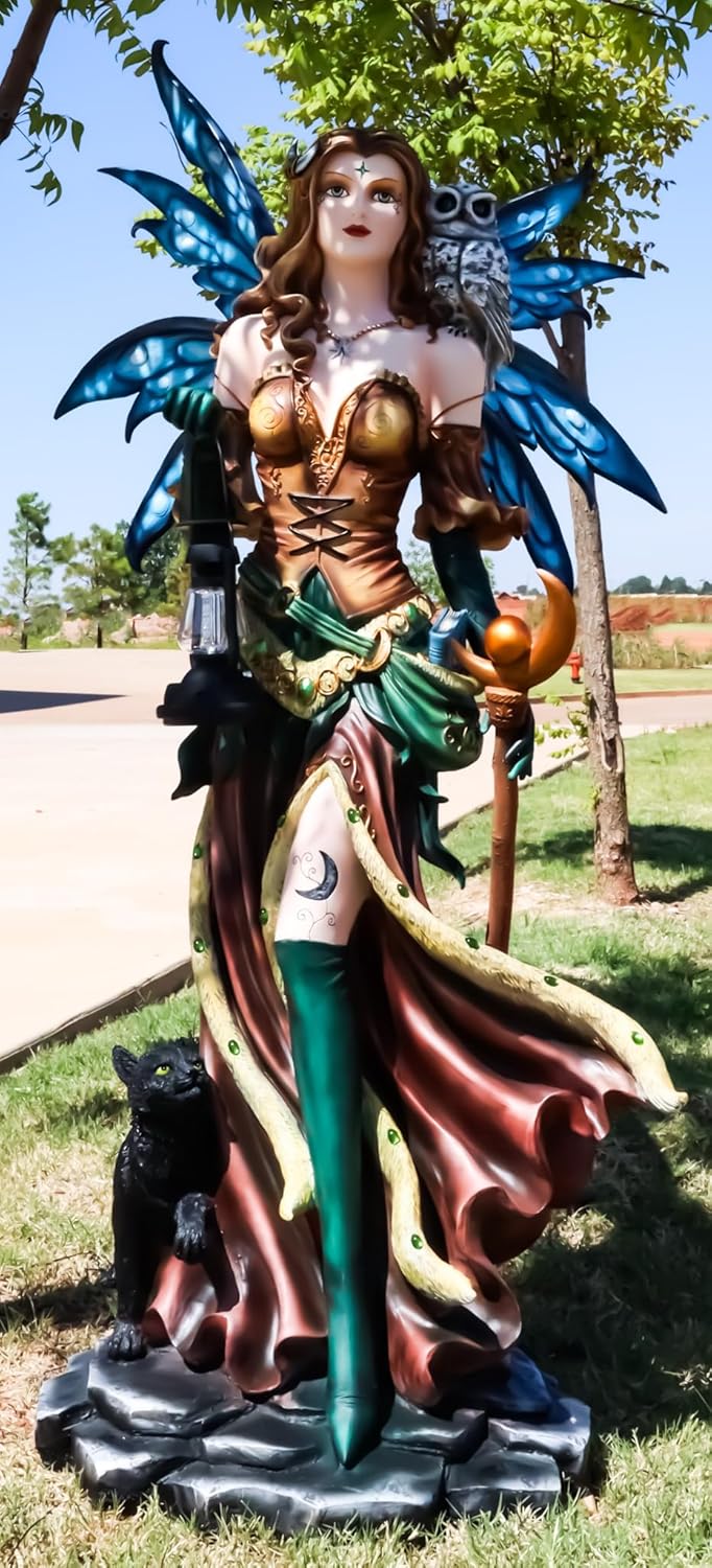 Ebros Gift Large 4.5 Feet Celestial Moon Spell Caster Goddess Warrior Athena Fairy with White Snow Owl Black Cat and Solar LED Lantern Light Statue Faery Garden Fantasy Fairies and Pixies Collection