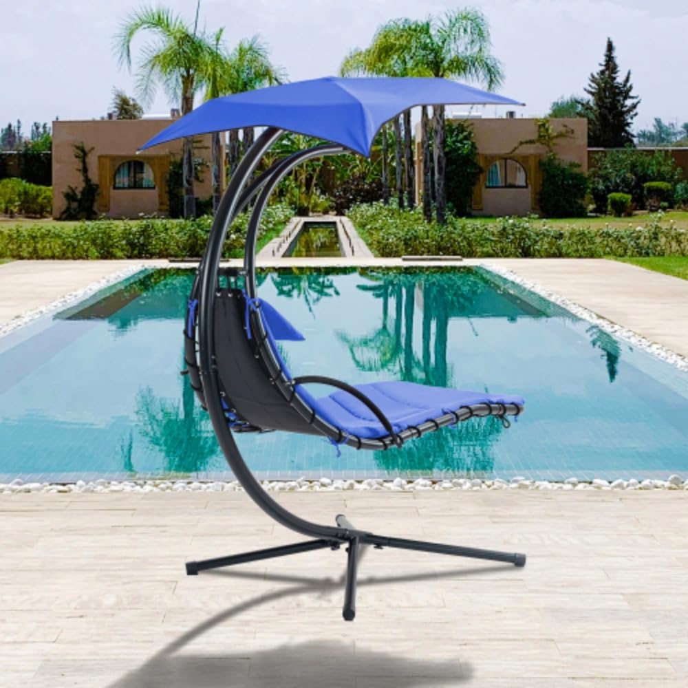 GeRRiT Hanging Chaise Lounger with Removable Canopy, Outdoor Swing Chair with Built-in Pillow, Hanging Curved Chaise Lounge Chair Swing for Patio Porch Poolside, Hammock Chair with Stand