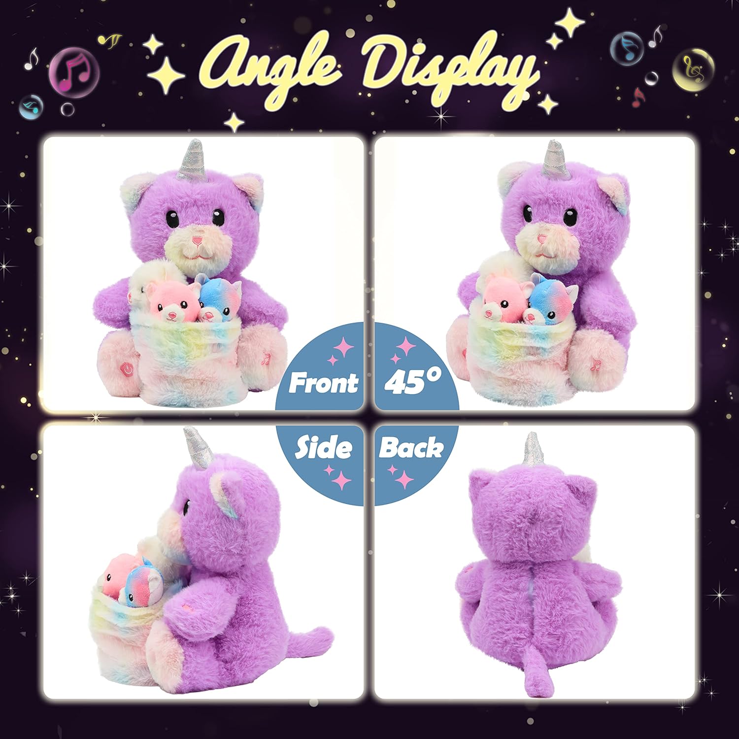 Hopearl LED Musical Stuffed Cat with Removable Bucket Lighting Up Singing Plush Toy Playset Mommy Cat with 3 Baby Kittens in The Basket Adjustable Volume Lullaby Animated Soothe Gifts for Kids, 12''