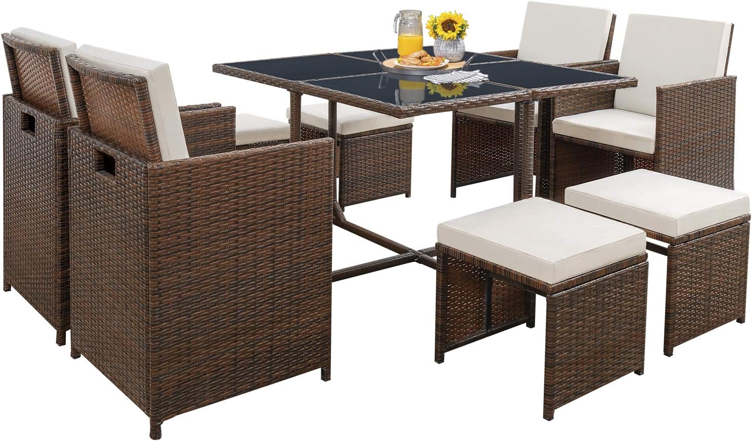 9 Pieces Furniture Dining Outdoor Sectional Rattan Patio Conversation Space Saving Cushioned Sets with Glass Table for Garden Poolside Balcony (Brown), Beige