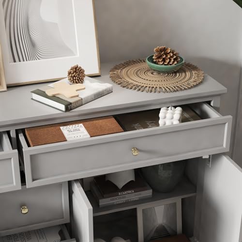 FAMAPY Sideboard Credenza with 5 Drawers, Sideboard Buffet Cabinet with 4 Doors, White Buffet Cabinet with Gold Knobs, Home Bar Cabinet, for Living Room Kitchen Hallway, 15.7”D x 59.1”W x 33.5”H