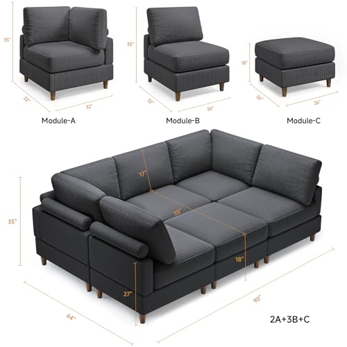 6 PCS Modular Sectional Sofa Bed, Corduroy Modular Sleeper Bed, Convertible Large Sectional Couch with Ottoman for Living Room, Apartment, Dark Grey