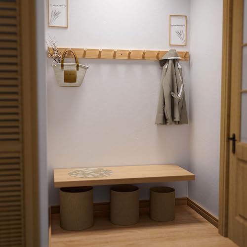 SKOLOO Wood Coat Rack Wall Mounted,10 Peg Long Bamboo Hook for Hanging Backpack Coat Towel Hat,16'' Hole to Hole,Black