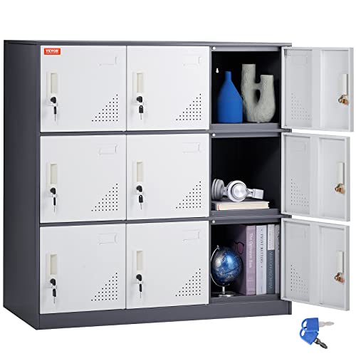 VEVOR Metal Locker for Employees, 9 Doors Storage Cabinet with Card Slot, Gray Steel Employee Lockers with Keys, 66lbs Loading Capacity Office Storage Lockers for Office, Home, School, Gym