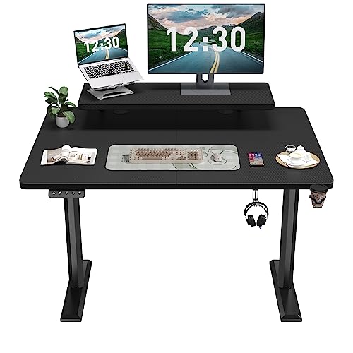 Furmax Electric Standing Desk with Monitor and Laptop Workstation, 55 x 24 Inches Height Adjustable Sit Stand Up Desk, Computer Workstation with Cup Holder and Hook, Cables Holes, Carbon Black