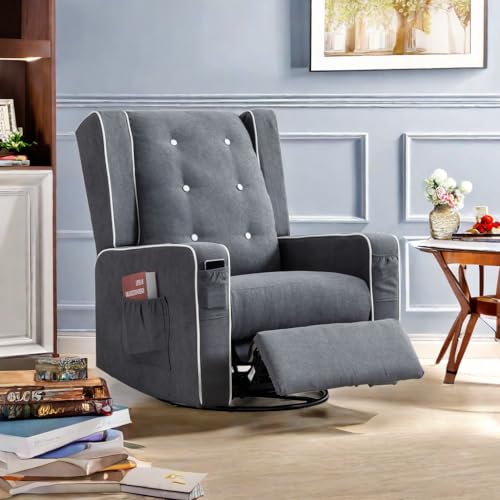 Rocking 360° Swivel Rocker Recliner Glider Chair with Cup Holders&Side Pockets, Grey