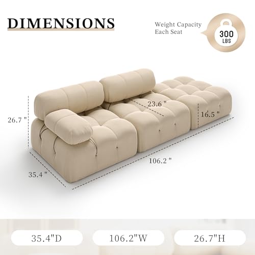 106” Modular Sectional Sofa Couch, Luxury Loveseat Sectional Couches for Living Room, Oversized Sectional Sofa with Ottoman, 3 Seater Velvet Chaise Lounge Sofa, Tan