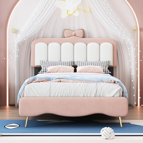 SOFTSEA Twin Size Upholstered Princess Bed with Crown Headboard, Twin Platform Bed with Headboard and Footboard for Bedroom, Wood Princess Bed Frame with Light Strips and Golden Metal Legs for Kids