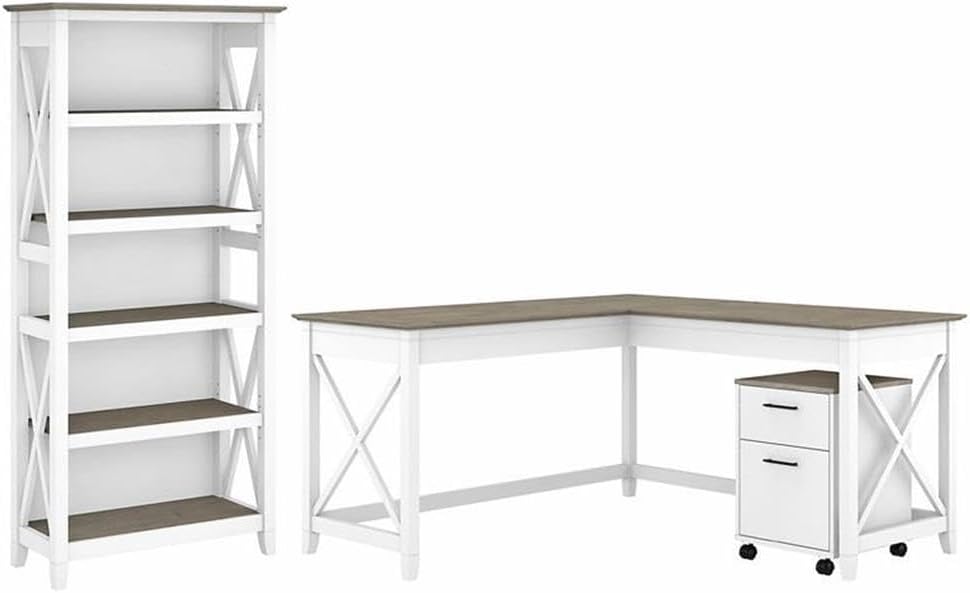 L Desk with Drawers and Bookcase in White and Gray - Engineered Wood
