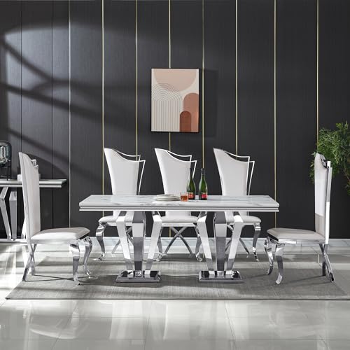 Goujxcy White Marble Dining Table Luxury Faux Marble Kitchen Table with Silver Mirrored Finish Stainless Steel Legs,70