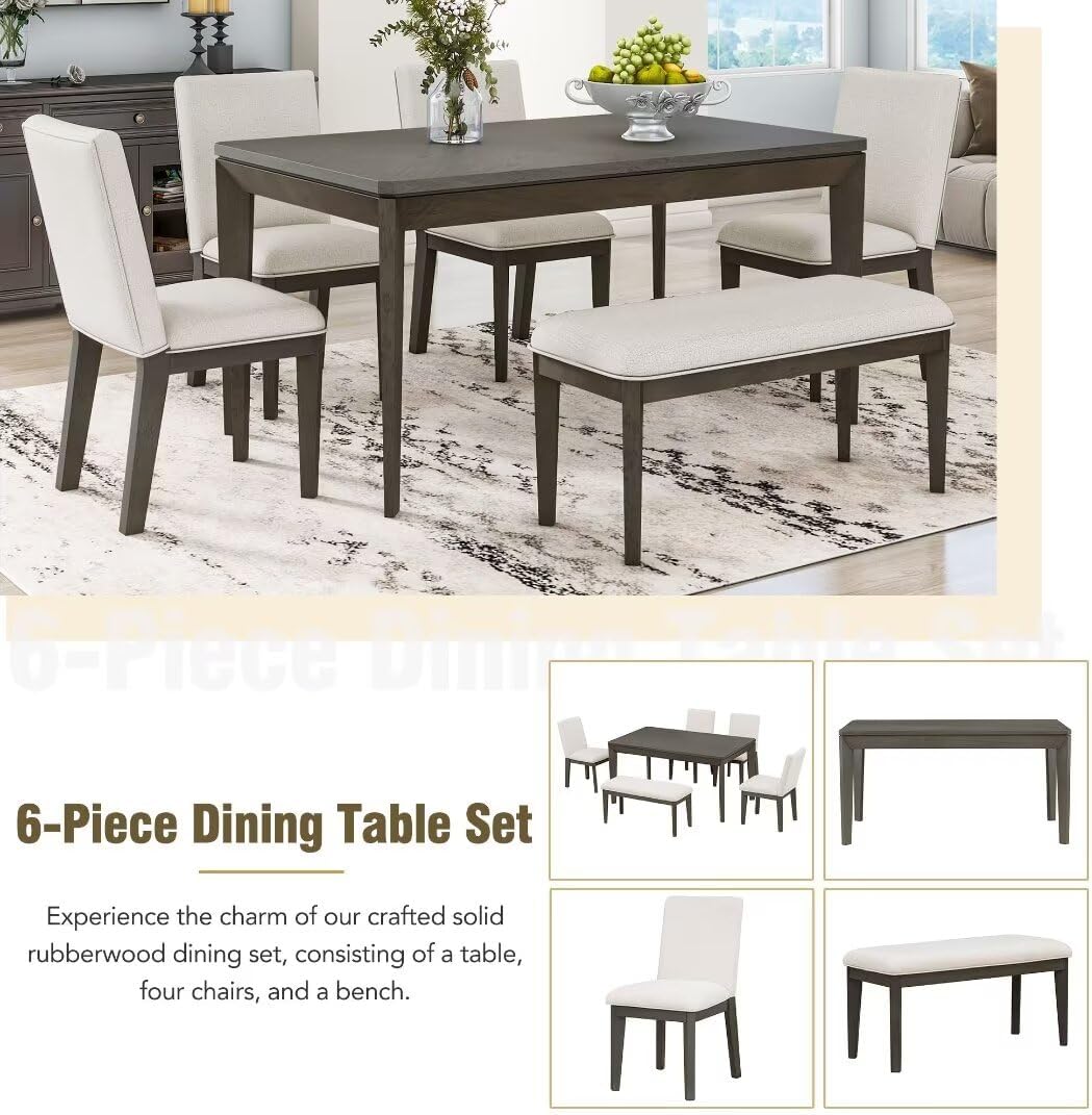 6-Piece Dining Table Set with Upholstered Dining Chairs and Bench,Farmhouse Style, Tapered Legs