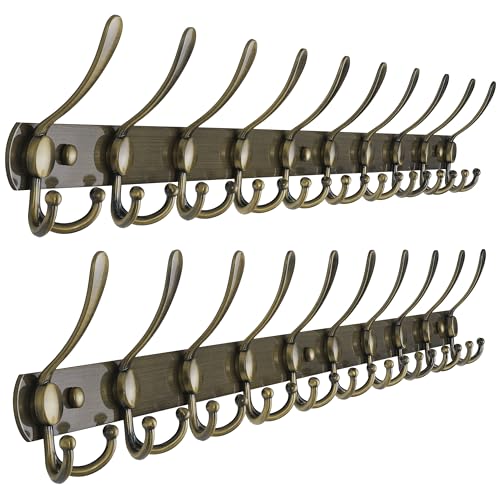 Dseap Coat Rack Wall Mount - 38” Long 10-Tri-Hooks Heavy Duty Coat Hanger Rail Wall Hooks for Hanging Coats Hats Clothing Clothes Purse Mudroom Entryway, White