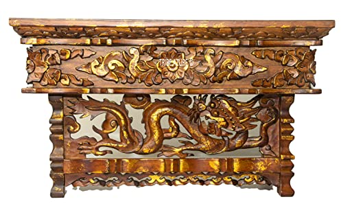 Tribe Azure Fair Trade Small Altar Table, Meditation Table Altar, Small Puja Table, Natural Wood Wiccan Buddhist Table, Tea Table Japanese, Small Low Side Table (Brushed Gold Dragon)