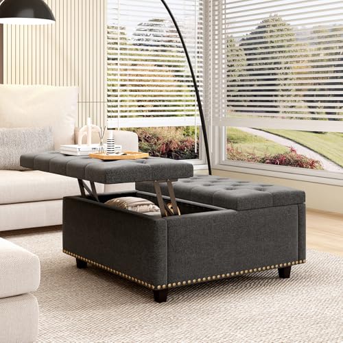 Large Square Storage Ottoman Coffee Table, 32'' Oversized Square Ottoman with Storage, Linen Upholstered Storage Ottomans with Lift Top & Nailhead Trim for Living Room, Light Grey