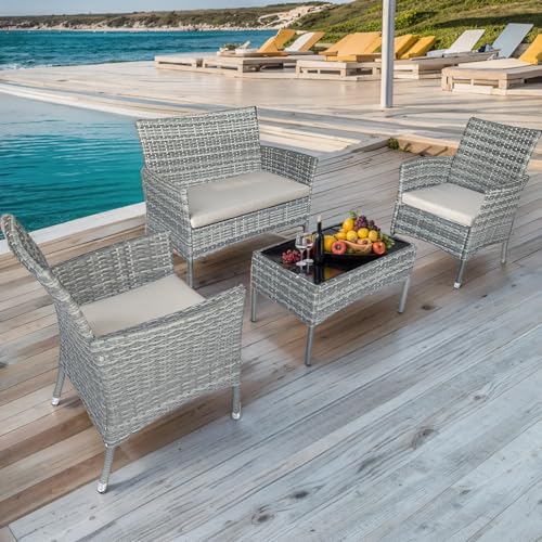 Patio Furniture Set 4 Pieces,Rattan Wicker Double Sofa, Coffee Table,Conversation Outdoor Sets, with Coffee Table and Soft Cushions, Garden Balcony Backyard Lounge Chairs (Black+Khaki Cusion)