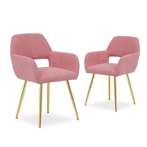 Athena Collection Modern Dining Chairs Set of 2, Upholstered Accent Chairs Fabric Vanity Chairs with Metal Legs Hollow Backrest Armchairs with Zipper for Living Room, Bedroom, Dining Room, Beige