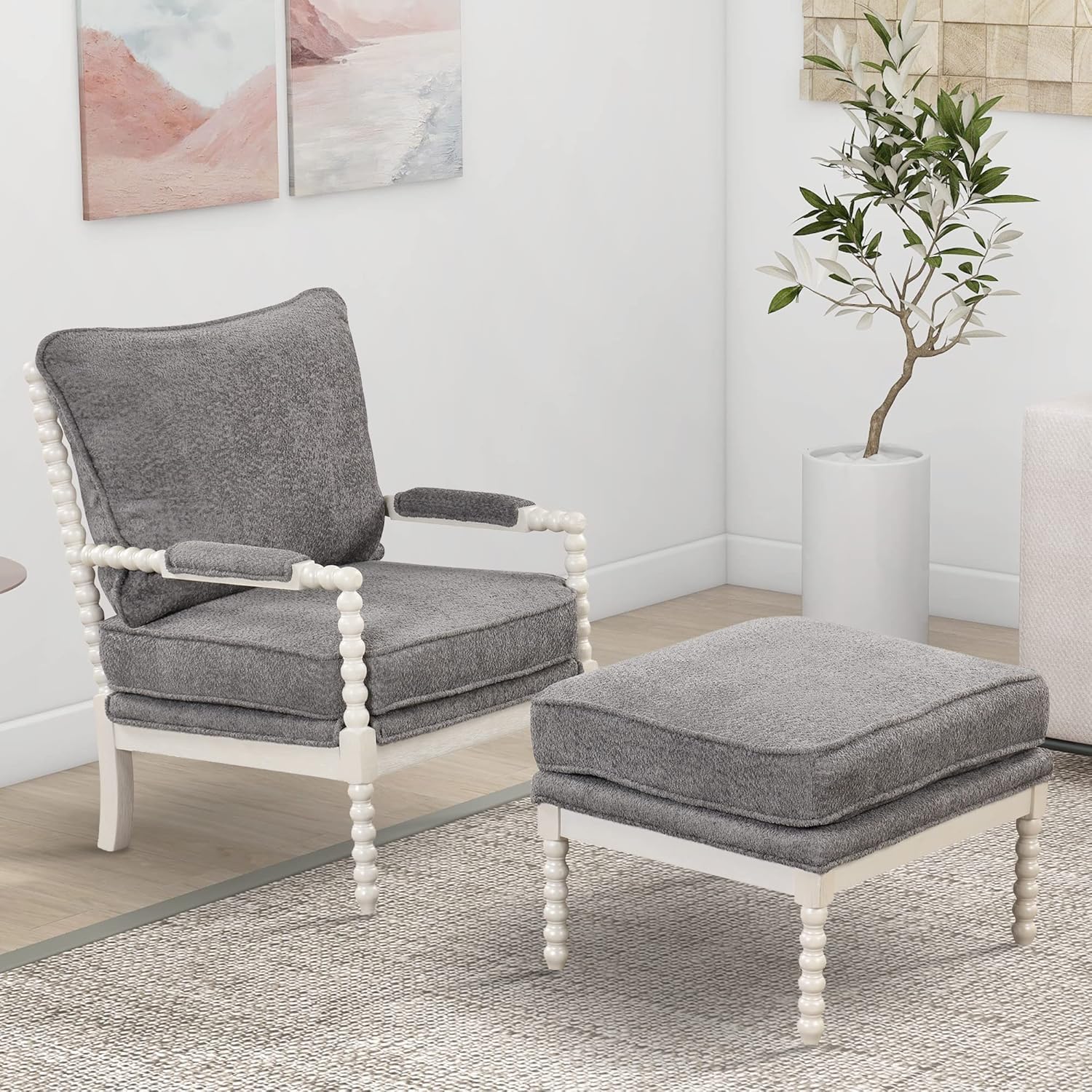 The Spindal Chair Velvet Accent Chair with Ottoman, Modern Lounge Accent Chair with Armrests pad, Reading Chair with Footrest for Small Space, Living Room, White,Gray