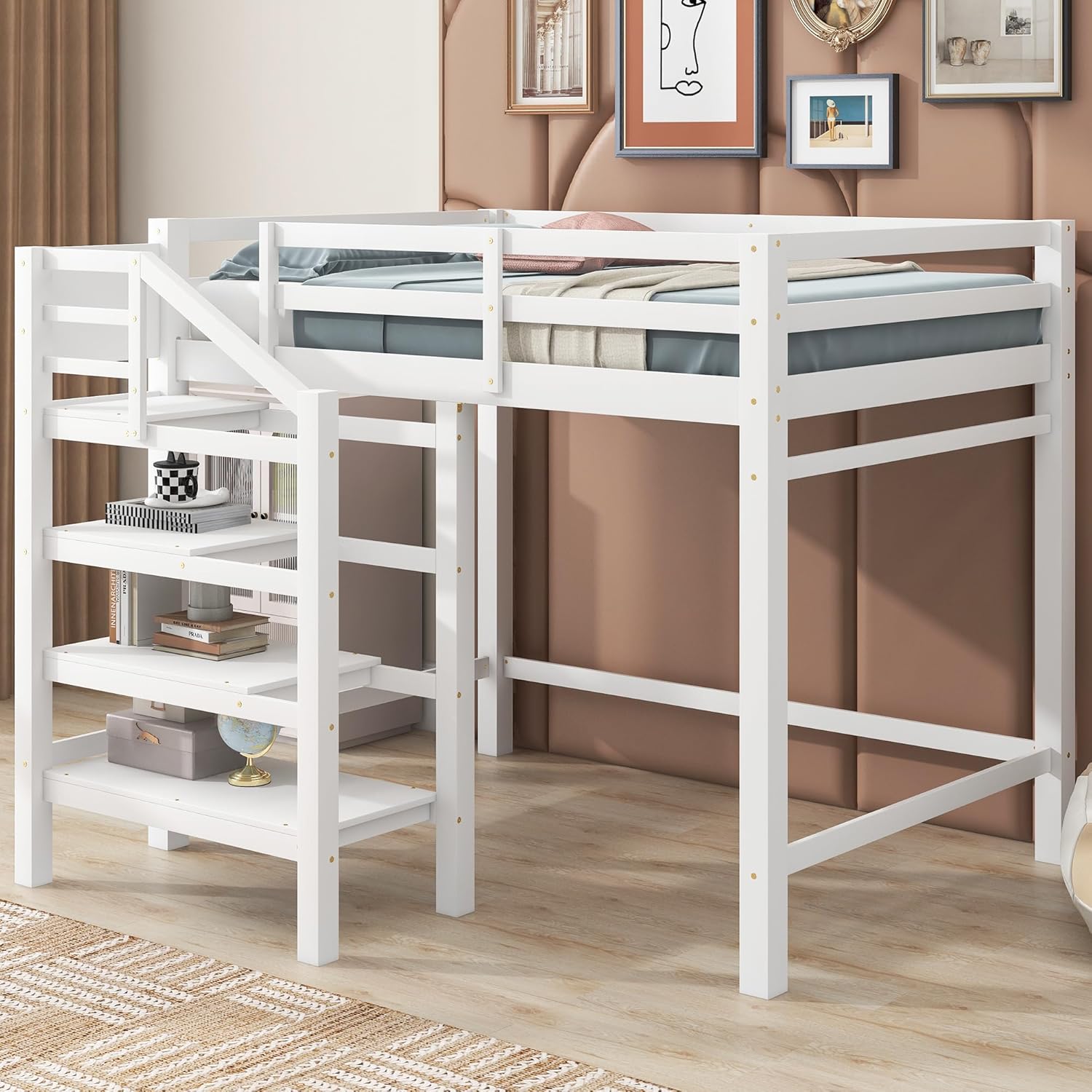 Bellemave Full Size Loft Bed with Storage Staircase and Hanger for Clothes,Wood Loft Bed Frame with Stairs for Teens,Kids,Space Saving(White)
