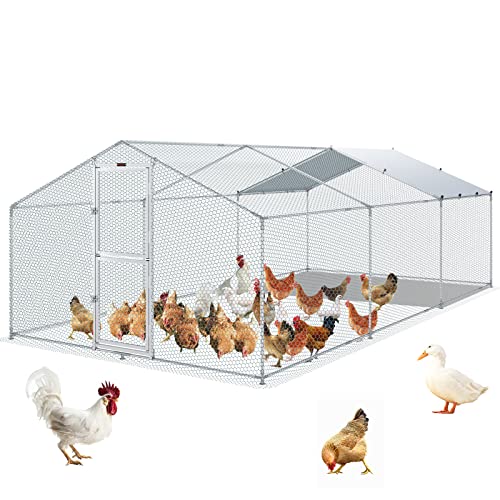 VEVOR Large Metal Chicken Coop with Run, Walkin Poultry Cage for Yard with Waterproof Cover, 13.1 x 9.8 x 6.4 ft Dome Roof for Hen House, Duck and Rabbit, Silver