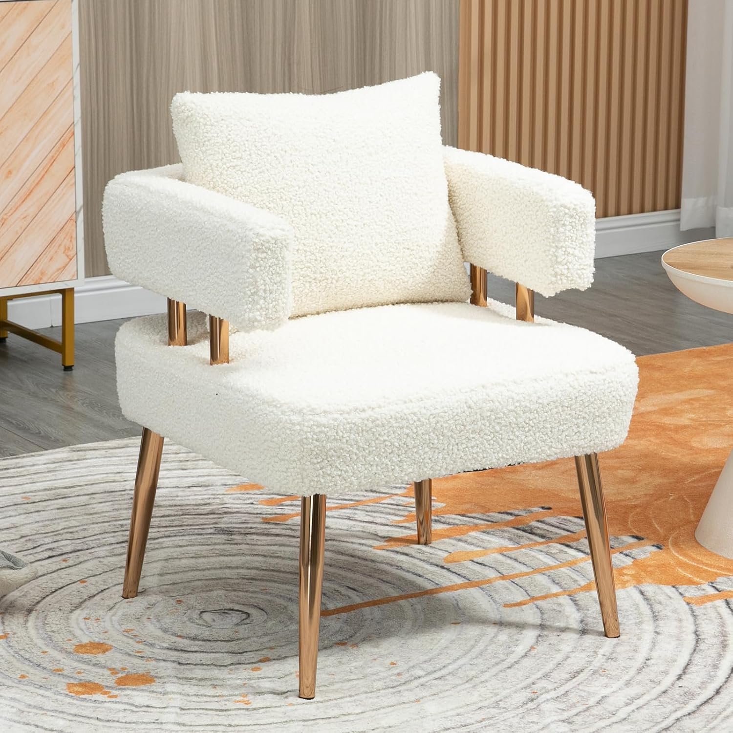 Boucle Accent Chairs Set of 2, Modern Upholstered Small Accent Armchair Comfy Sherpa Chair with Metal Legs for Living Room, Reading, Bedroom, Office(White-Teddy)