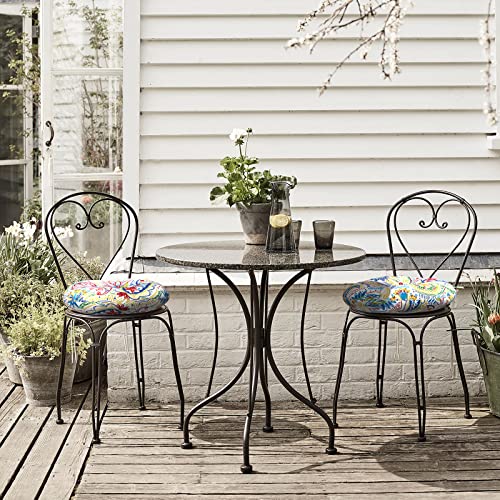 Outdoor Bistro Chair Cushion with Ties, Tufted Patio Chair Cushions Set of 2, Round Seat Cushion 15”x15”x4” for Home Garden Balcony Office Porch Lawn Deck, Flower Multi