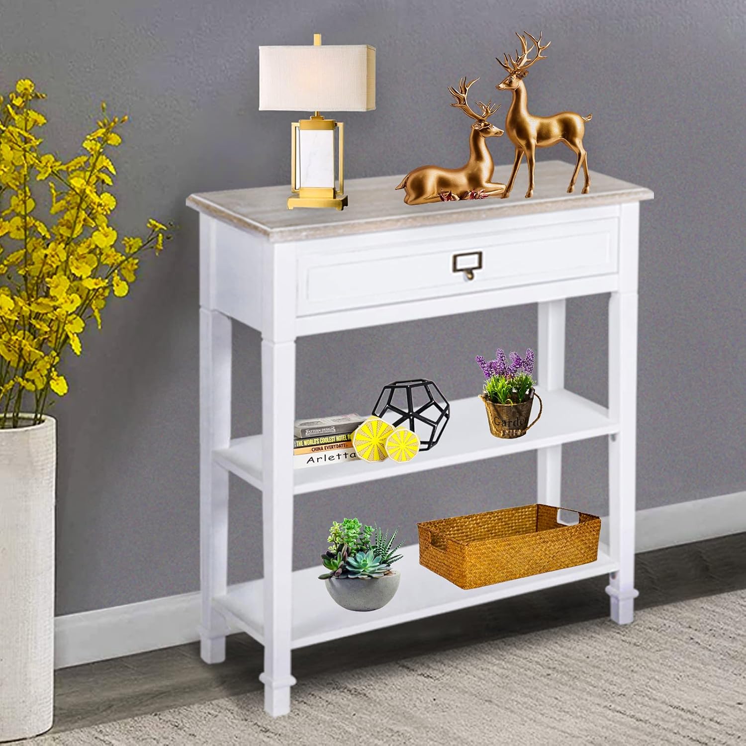 Console Table with Drawer and Storage Shelf - Narrow Entry Table for Living Room/Entryway/Hallway, White