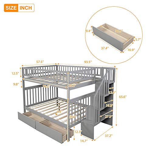 Merax LUMISOL Full Over Full Bunk Beds with Staircase and Storage Drawers for Bedroom(Gray,Full Over Full)