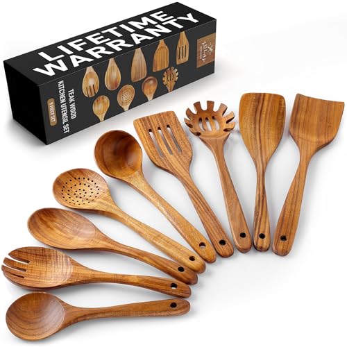 Zulay Kitchen 6-Piece Wooden Spoons for Cooking - Smooth Finish Teak Wooden Utensils for Cooking - Soft Comfort-Grip Wood Spoons for Cooking - Non-Stick Wooden Cooking Utensils - Wooden Spoon Sets