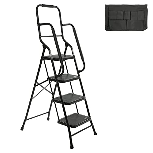 Usinso 3 Step Ladder Tool ladder Folding Portable Steel frame MAX 500 lbs Non-slip side armrests Large area pedals Detachable ToolBag Suitable for home Office Engineering（Black）