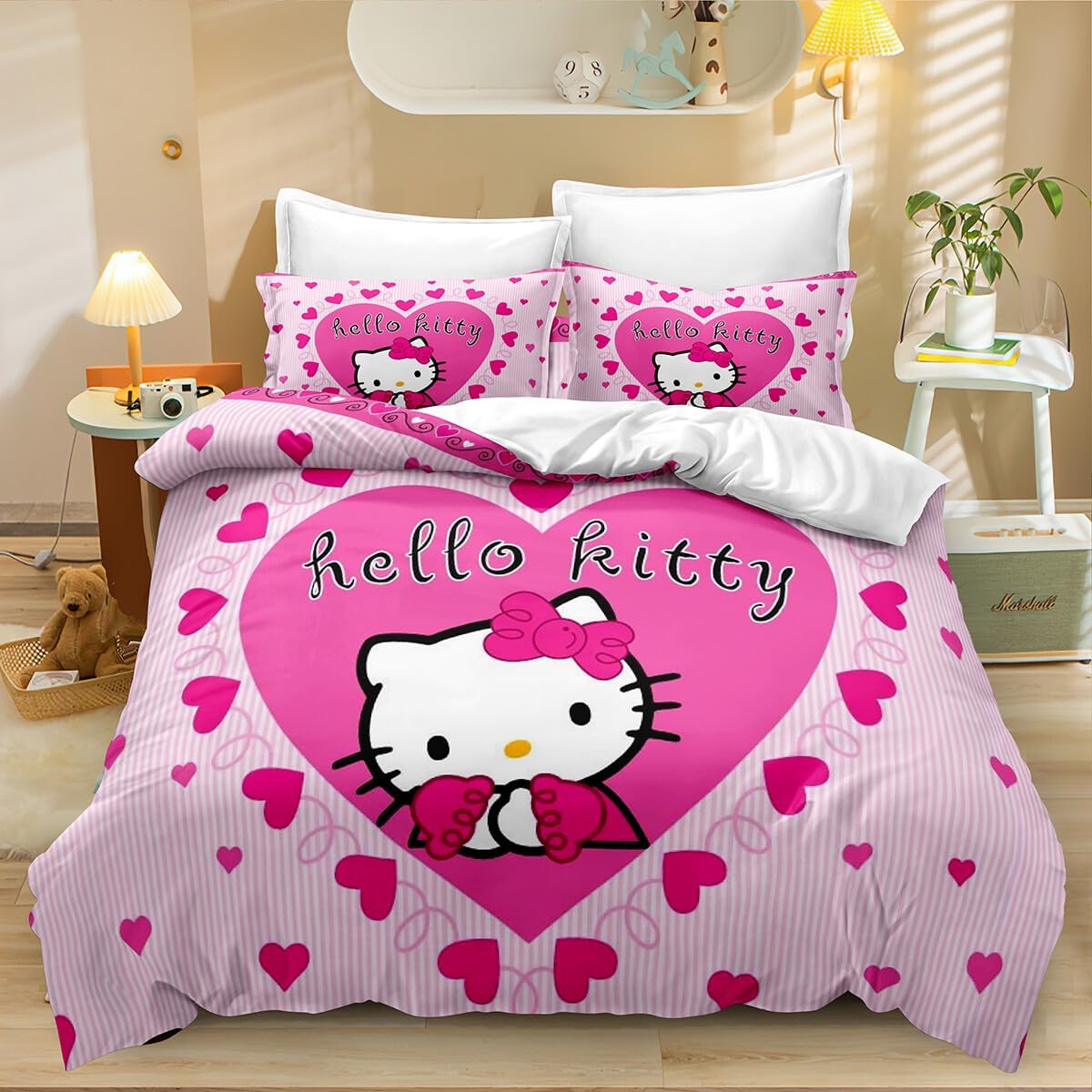 The Girls Hello Cat Duvet Cover Set,3 Piece 3D Kitty Flowers Printed Quilt Cover with Zipper,Gifts for Boys and Girls,1 Duvet Cover with 2 Pillowcases