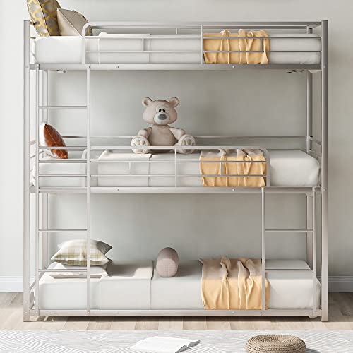 Triple Bunk Bed for Kids with Built-in Ladder,Twin Size Metal Bunkbeds with Safety Guardrails,No Box Spring Needed, Noise Free for Dorm, Bedroom, Guest Room (Black, Twin Over Twin Over Twin)