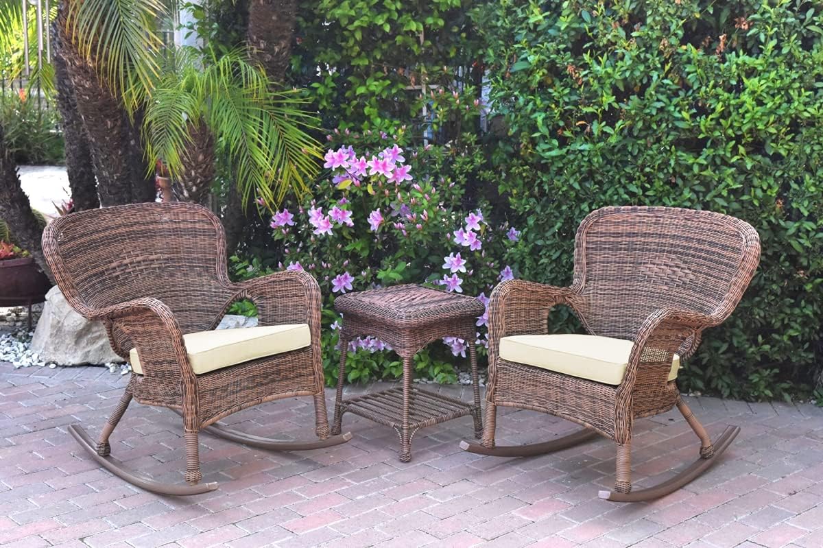Jeco Inc W00212_2-RCES001 Windsor Honey Wicker Rocker End Table Set with Chair Cushion, Ivory