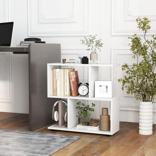 Tangkula 2 Tier Geometric Bookshelf, Freestanding Wood Display Shelf, Home Office Décor Room Divider S Shaped Open Bookcase, Small Bookshelf for Small Spaces, Living Room, Study (Coffee, 2)