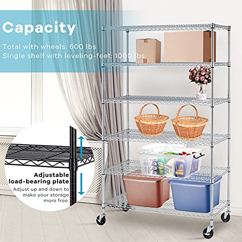 HCY Garage Shelving, 82x48x18 Metal Shelves 6 Tier Wire Shelving Unit Adjustable Heavy Duty Sturdy Steel Shelving with Casters for Pantry Garage Kitchen (Black)