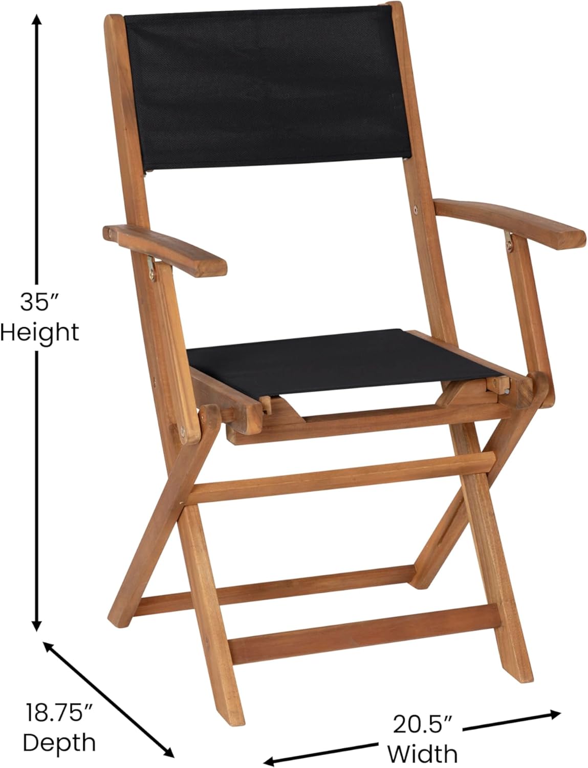 EMMA + OLIVER Kosti Folding Chairs with Arms - Natural Acacia Wood - Textilene Mesh Seat and Back - Weather Resistant - 275 lbs. Static Weight Capacity - Set of Two