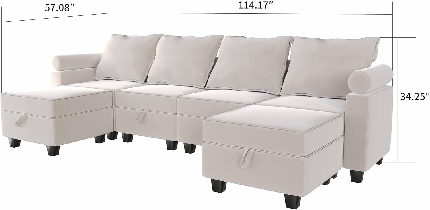 Kingfun Modular Sectional Sofa, Convertible U-Shaped Couch with Storage Seat and Adjustable Armrest, Reversible Chaises and Ottoman, Oversized Sleeper Sofa for Living Room, Beige