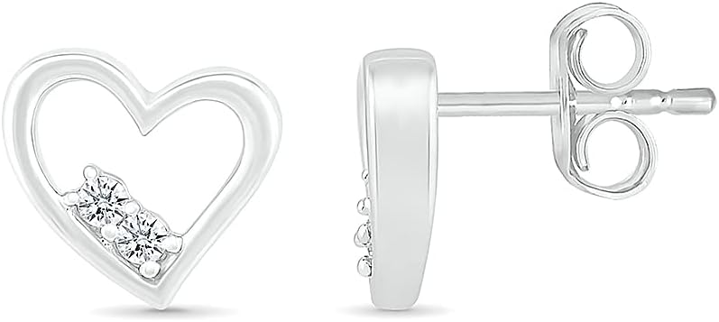DGOLD Sterling Silver Round White Diamond Two Stone Heart Stud Earrings for Women (1/10 cttw)