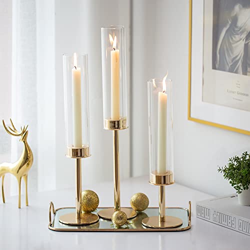Sziqiqi Gold Taper Candle Holders for Table Centerpiece - 1.6feet Tall Candlestick Holders for Wedding Candlelight Dinner Glass Hurricane Candleholder Set of 3