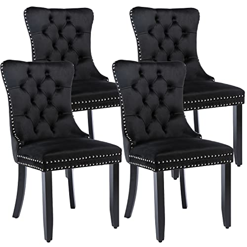 Dining Chairs Set of 4, Modern Upholstered Velvet Dining Room Chairs with Ring Pull Trim and Button Back,Luxury Tufted Dining Chair for Living Room,Kitchen(Green)