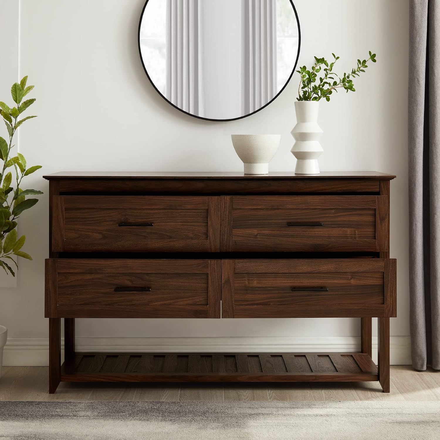 Walker Edison Luna Modern 4-Drawer Buffet with Lower Shelf, 54 Inch, Dark Walnut