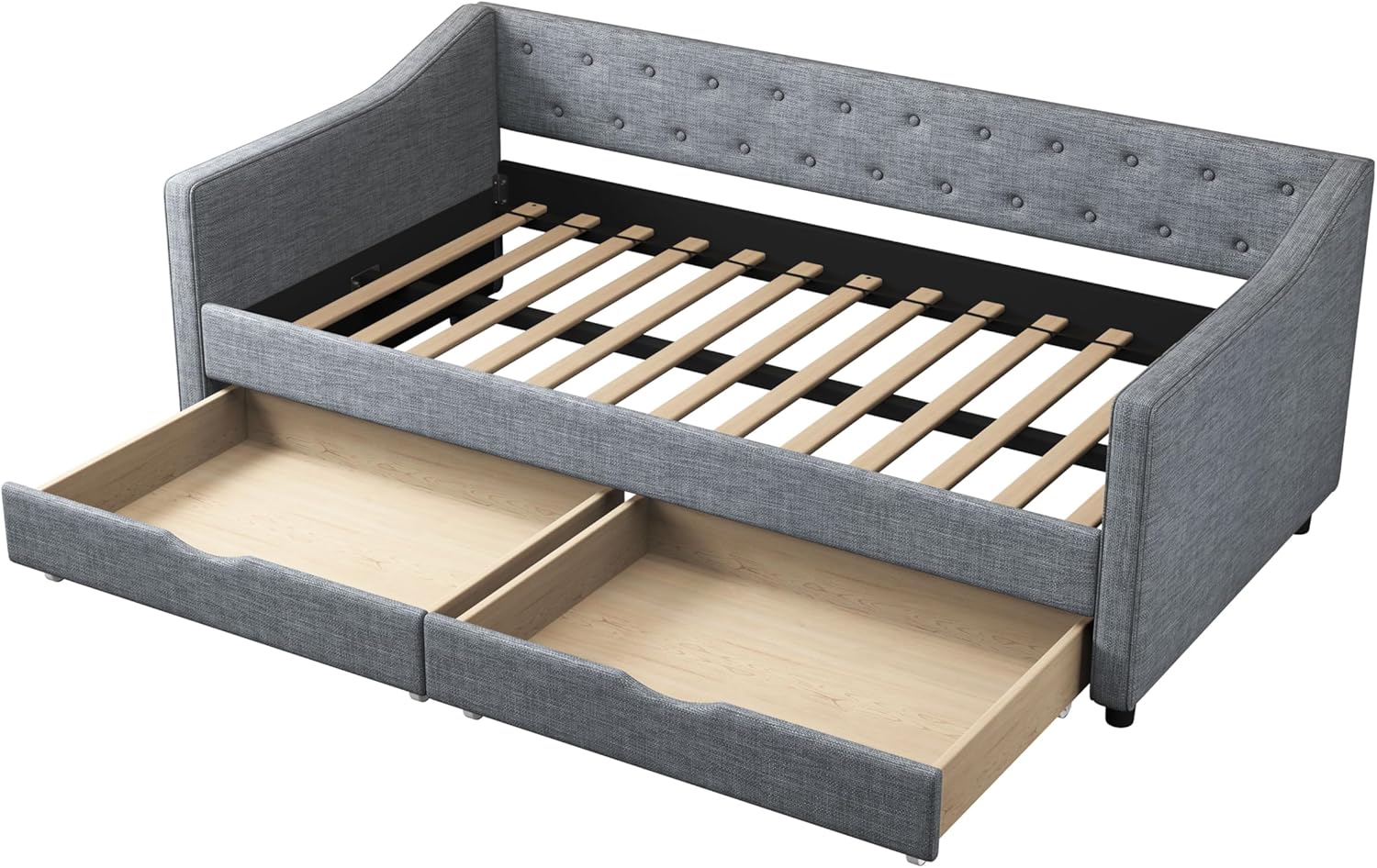 Twin Size Daybed with Drawers Upholstered Tufted Sofa Bed, with Button on Back and Binding tape on Waved Shape Arms, Light Grey
